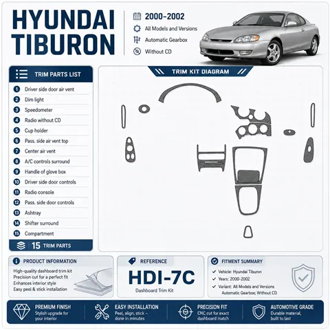 Hyundai Tiburon 2000-2002 Automatic Gearbox, Without CD, 15 delen set interieur dashboard decoratieset dashboard decor