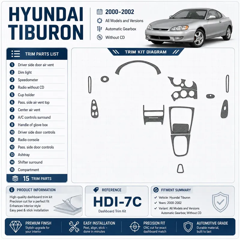 Hyundai Tiburon 2000-2002 cambio automatico; senza CD kit rivestimento cruscotto e interni 3D 15 pezzi