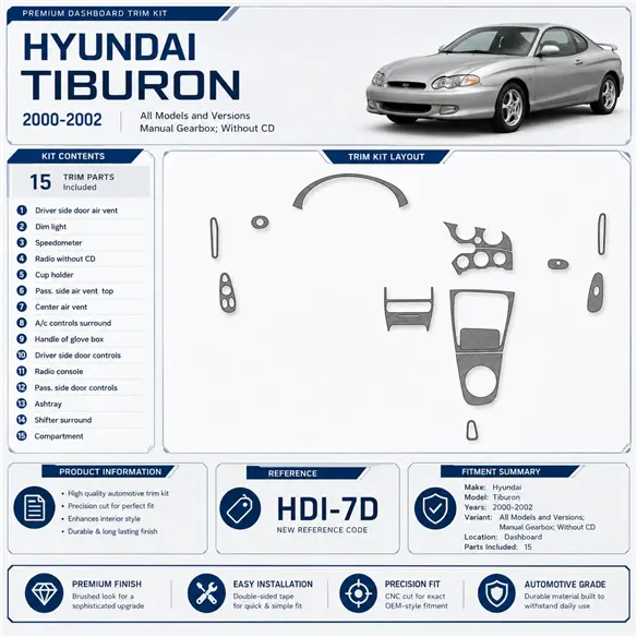 Hyundai Tiburon 2000-2002 cambio manuale; senza CD kit rivestimento cruscotto e interni 3D 15 pezzi
