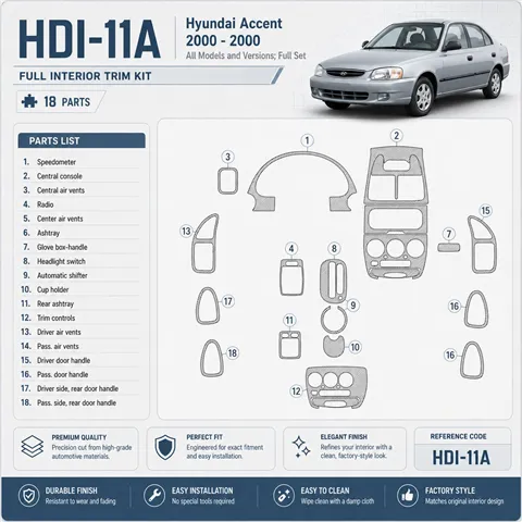 Hyundai Accent 2000-2000 Full Set, 18 Parts set Interior Dashboard Trim Kit Dash Trim Dekor