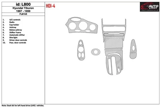 Hyundai Tiburon 1997-1999 Full Set, 10 Parts set BD Interieur Dashboard Bekleding Volhouder