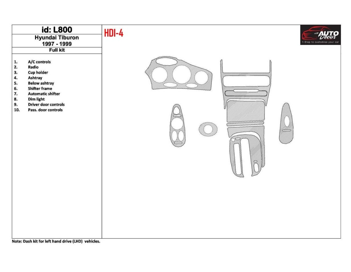 Hyundai Tiburon 1997-1999 Full Set, 10 Parts set BD Interieur Dashboard Bekleding Volhouder