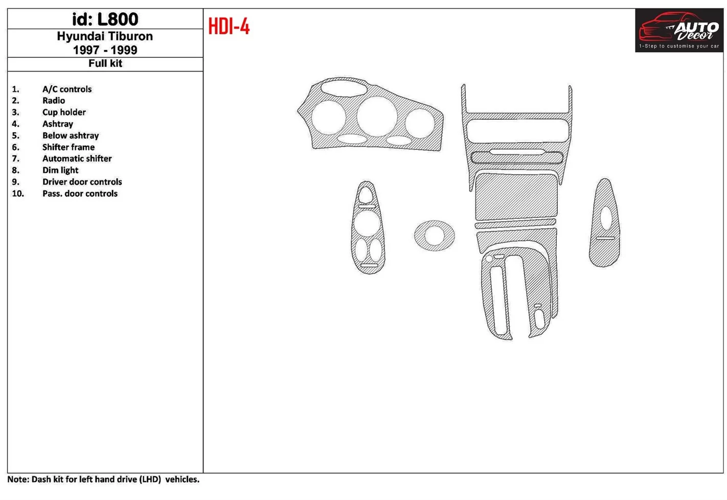 Hyundai Tiburon 1997-1999 Full Set, 10 Parts set Cruscotto BD Rivestimenti interni