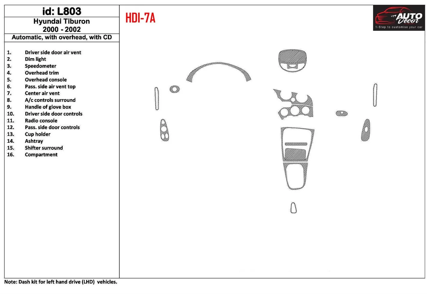 Hyundai Tiburon 2000-2002 Automatic Gearbox, With CD, 16 Parts set BD innenausstattung armaturendekor cockpit dekor - 1- Cockpit