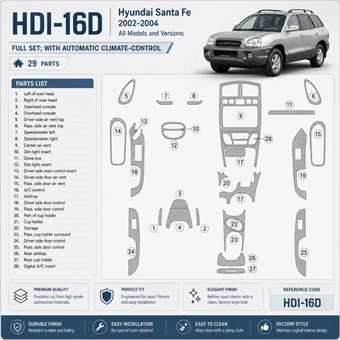Hyundai Santa Fe 2002-2004 kit complet, avec automatique Climate Control, 29 pièces kit décoration intérieure tableau de bord