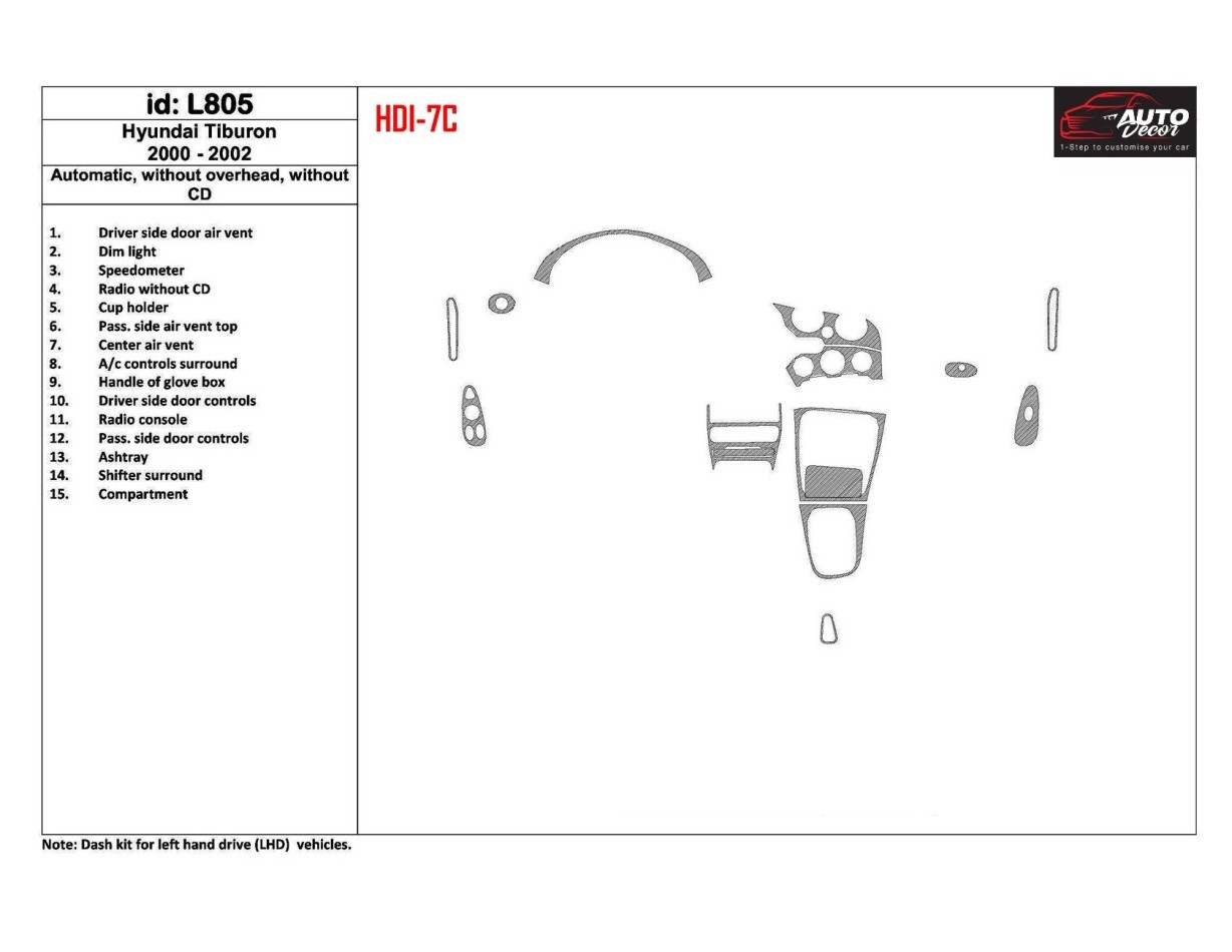 Hyundai Tiburon 2000-2002 Automatic Gearbox, Without CD, 15 Parts set BD Interieur Dashboard Bekleding Volhouder