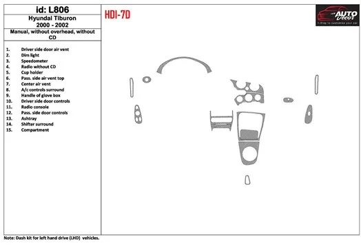 Hyundai Tiburon 2000-2002 Manual Gearbox, Without CD, 15 Parts set BD innenausstattung armaturendekor cockpit dekor - 1- Cockpit