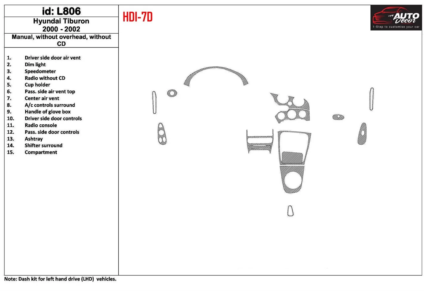 Hyundai Tiburon 2000-2002 boîte manuellebox, Sans CD, 15 Parts set BD Kit la décoration du tableau de bord - 1 - habillage decor