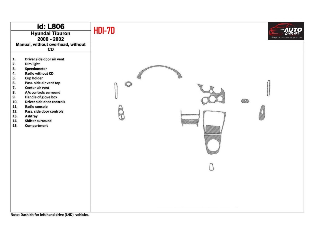Hyundai Tiburon 2000-2002 Manual Gearbox, Without CD, 15 Parts set BD Interieur Dashboard Bekleding Volhouder