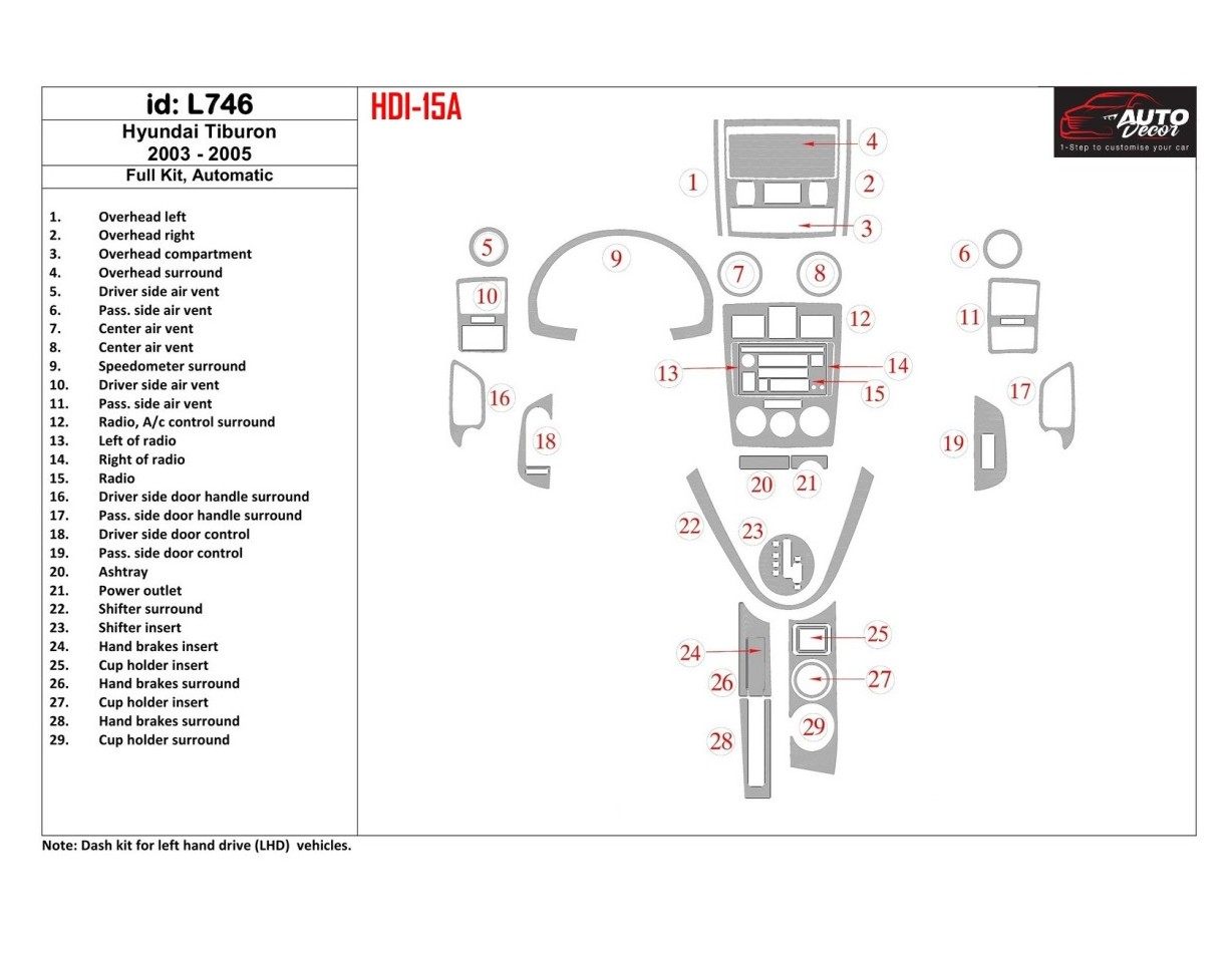 Hyundai Tiburon 2003-2005 Full Set, Automatic Gearbox Interior BD Dash Trim Kit