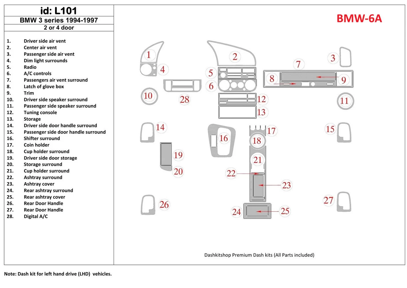 BMW 3 1994-1997 2 Doors, 25 Parts set BD Interieur Dashboard Bekleding Volhouder