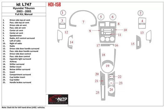 Hyundai Tiburon 2003-2005 Full Set, Manual Gearbox Interior BD Dash Trim Kit