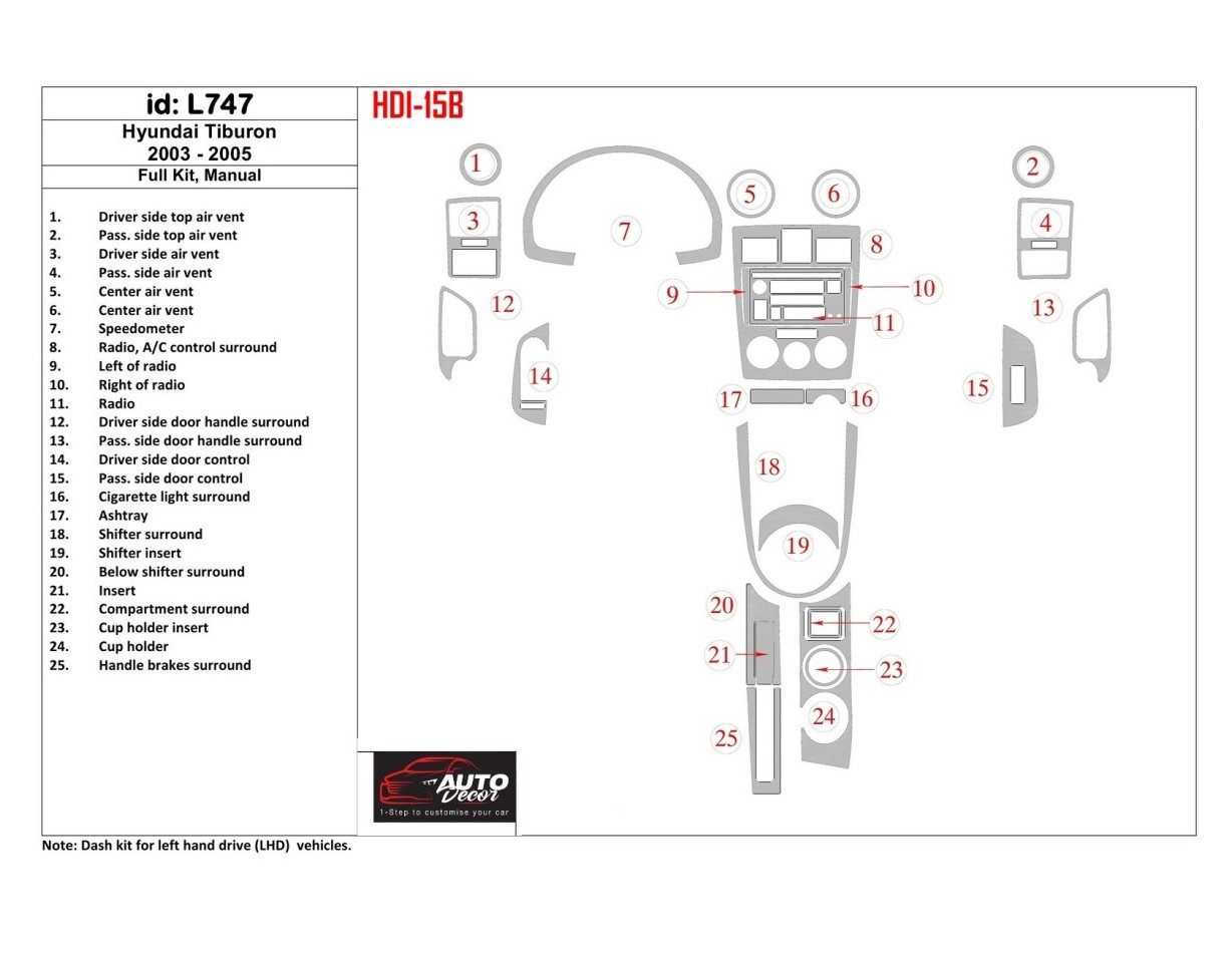 Hyundai Tiburon 2003-2005 Full Set, Manual Gearbox Interior BD Dash Trim Kit