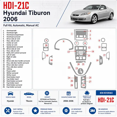 Hyundai Tiburon 2006-2006 Full Set, Auto, Manual Gearbox AC interieur dashboard decoratieset dashboard decor