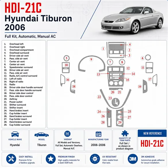 Hyundai Tiburon 2006-2006 set completo; Auto; cambio manuale AC kit rivestimento cruscotto e interni 3D