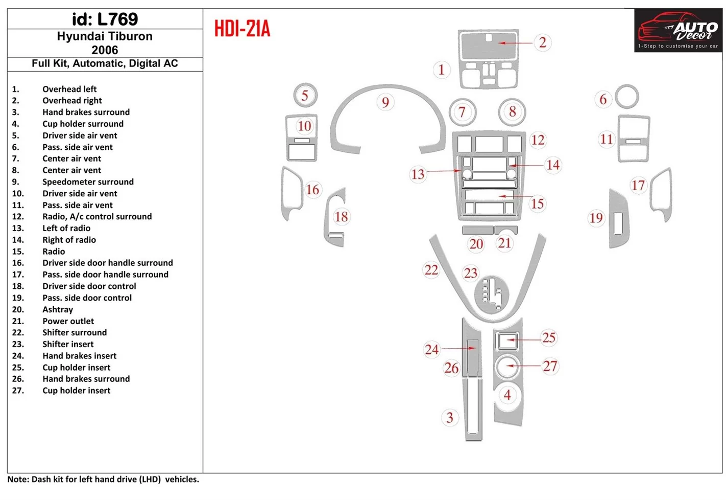 HYUNDAI Hyundai Tiburon 2006-2006 Full Set, Auto, Automatic AC Interior BD Dash Trim Kit €64.99