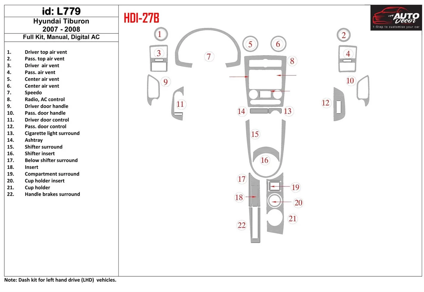 Hyundai Tiburon 2007-2008 Ensemble Complet, boîte manuelle Box, Automatic AC BD Kit la décoration du tableau de bord - 1 - habil