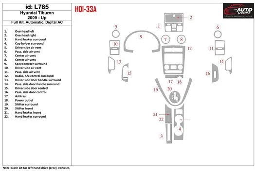 Hyundai Tiburon 2009-UP Full Kir, Boîte automatique, Automatic AC BD Kit la décoration du tableau de bord - 1 - habillage decor 