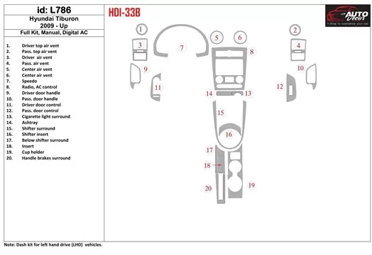 Hyundai Tiburon 2009-UP Full Kir, Manual Gear Box, Automatic AC BD Interieur Dashboard Bekleding Volhouder