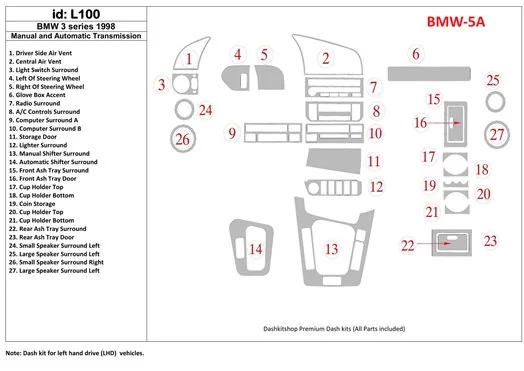 BMW BMW 3 1998-1998 Manual Gearbox & Automatic Gear, 27 Parts set Interior BD Dash Trim Kit €59.99
