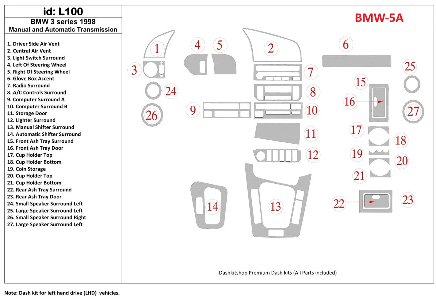 BMW 3 1998-1998 Manual Gearbox & Automatic Gear, 27 Parts set BD Interieur Dashboard Bekleding Volhouder
