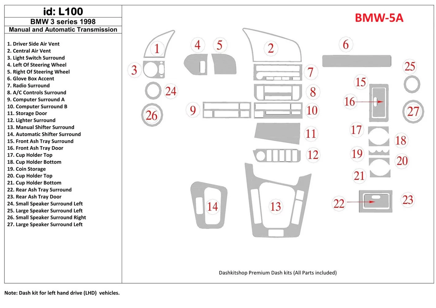 BMW BMW 3 1998-1998 Manual Gearbox & Automatic Gear, 27 Parts set Interior BD Dash Trim Kit €59.99