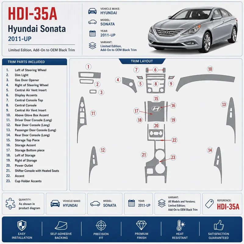 Hyundai Sonata 2011 - à aujourd’hui Limited Edition, Add-On to OEM Black garniture kit décoration intérieure tableau de bord