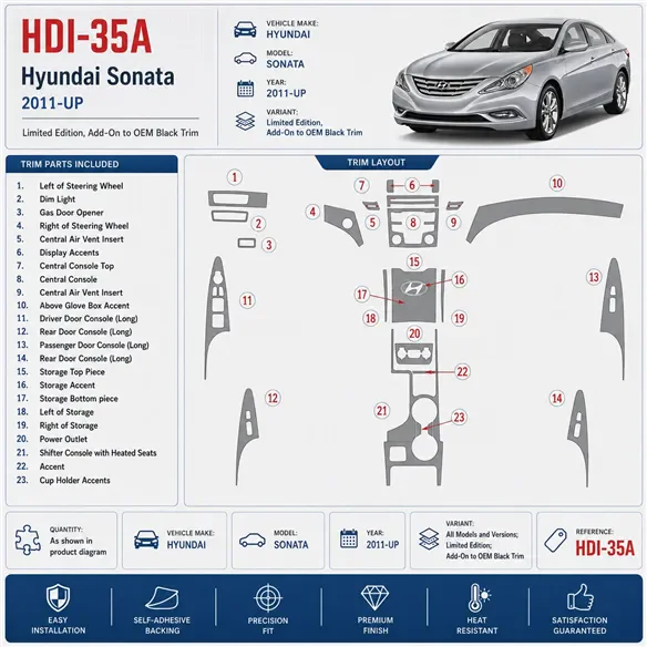 Hyundai Sonata 2011-Actualidad Limited Edition, Add-On to OEM Black Trim kit de molduras interiores para salpicadero