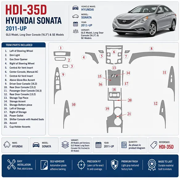 Hyundai Sonata 2011-Actualidad GLS Model, Long Doors Console (163 inches) & SE Models kit de molduras interiores para salpicader