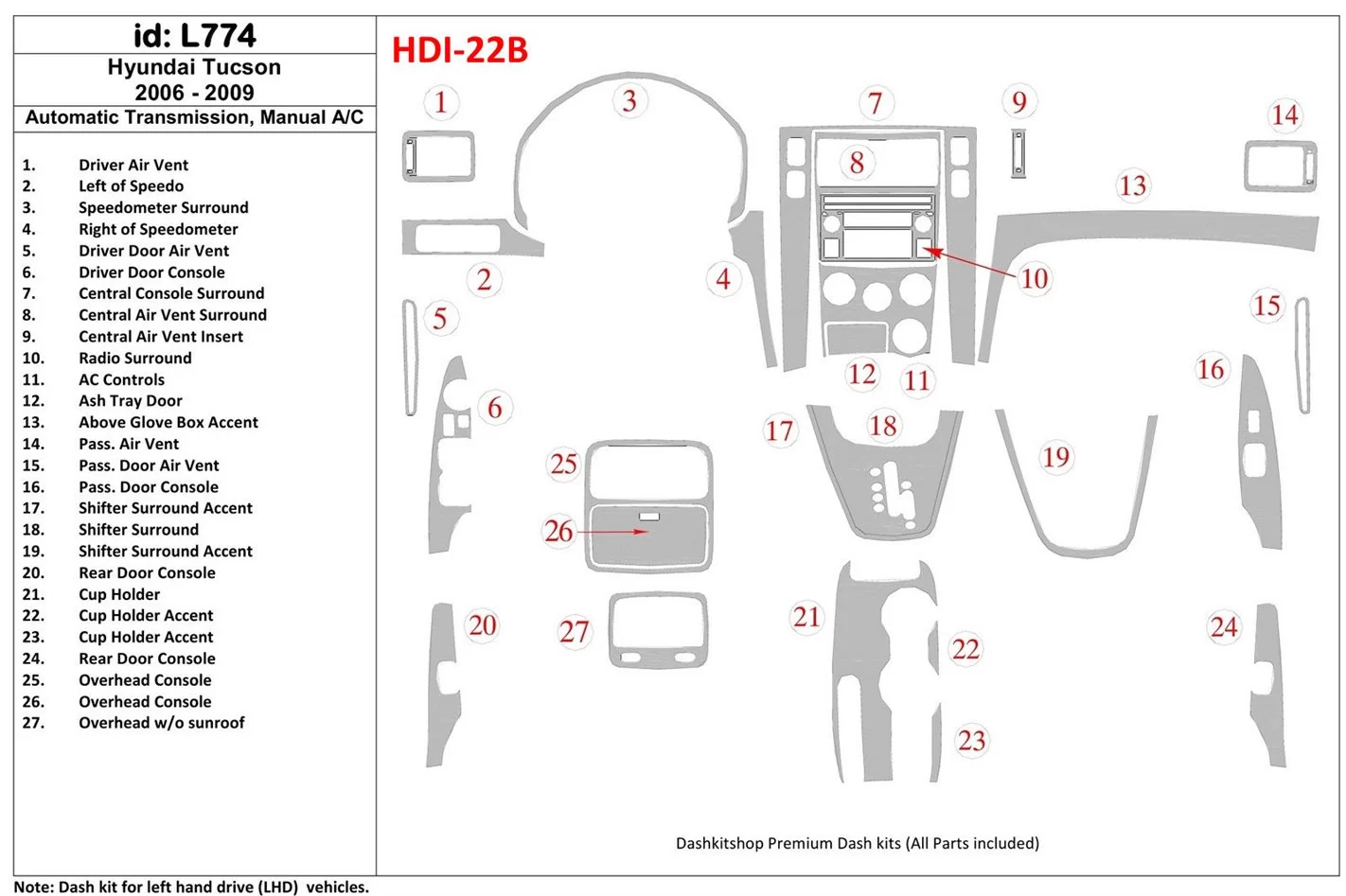 Hyundai Tucson 2006-2009 Automatic Gear, Manual Gearbox AC Control BD innenausstattung armaturendekor cockpit dekor - 1- Cockpit