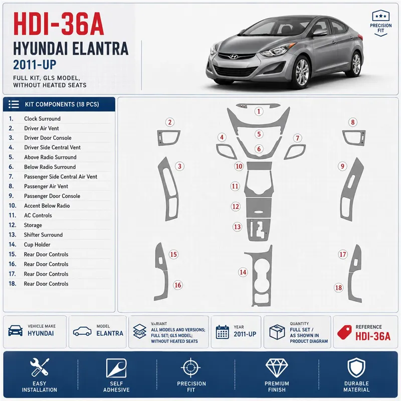 Hyundai Elantra 2011-heden Full Set, GLS Model, Without Heated Seats interieur dashboard decoratieset dashboard decor