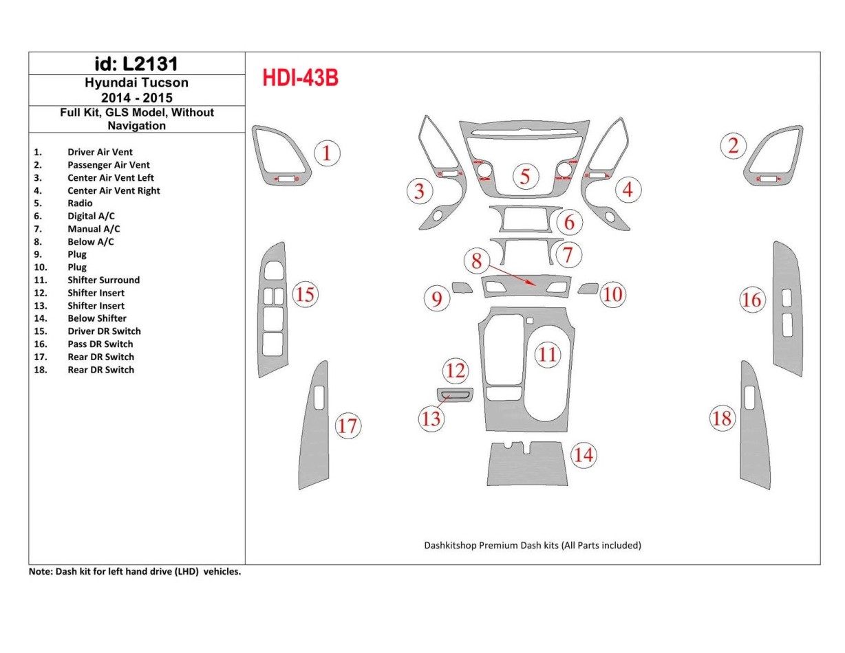 Hyundai Tucson 2014-2015 Full Set, c NAVI, Limited Model BD Interieur Dashboard Bekleding Volhouder