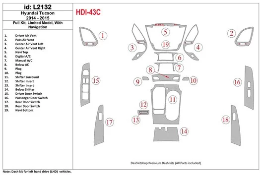 Hyundai Tucson 2014-2015 Full Set, Without NAVI, Limited Model Interior BD Dash Trim Kit