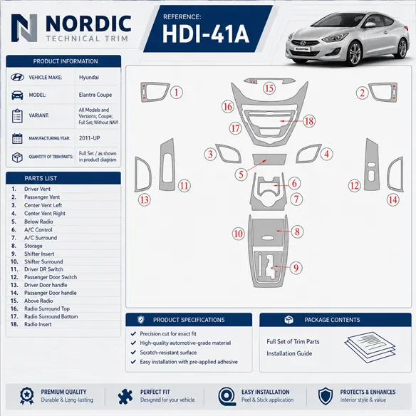 Hyundai Elantra Coupe 2011-UP Full Set, Without NAVI Interior Dashboard Trim Kit Dash Trim Dekor
