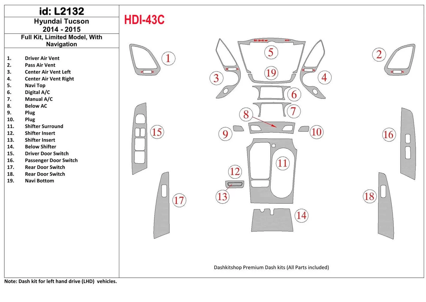 Hyundai Tucson 2014-2015 Full Set, Without NAVI, Limited Model Decor de carlinga su interior