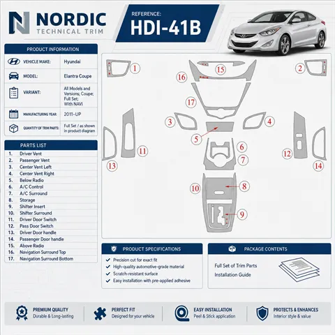 Hyundai Elantra Coupe 2011-UP Full Set, With NAVI Interior Dashboard Trim Kit Dash Trim Dekor
