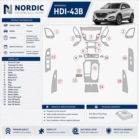 Hyundai Tucson 2014-2015 Full Set, c NAVI, Limited Model interieur dashboard decoratieset dashboard decor