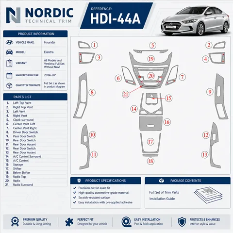 Hyundai Elantra 2014-UP Full Set, Without NAVI Interior Dashboard Trim Kit Dash Trim Dekor