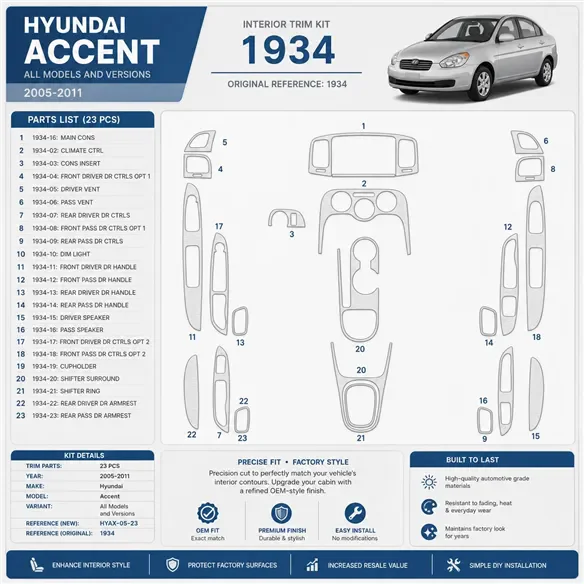 Hyundai Accent 2005-2011 interieur dashboard decoratieset dashboard decor 23 delen