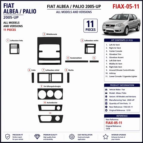 Fiat Albea 2005+ kit salpicadero 3D, 11 piezas 2