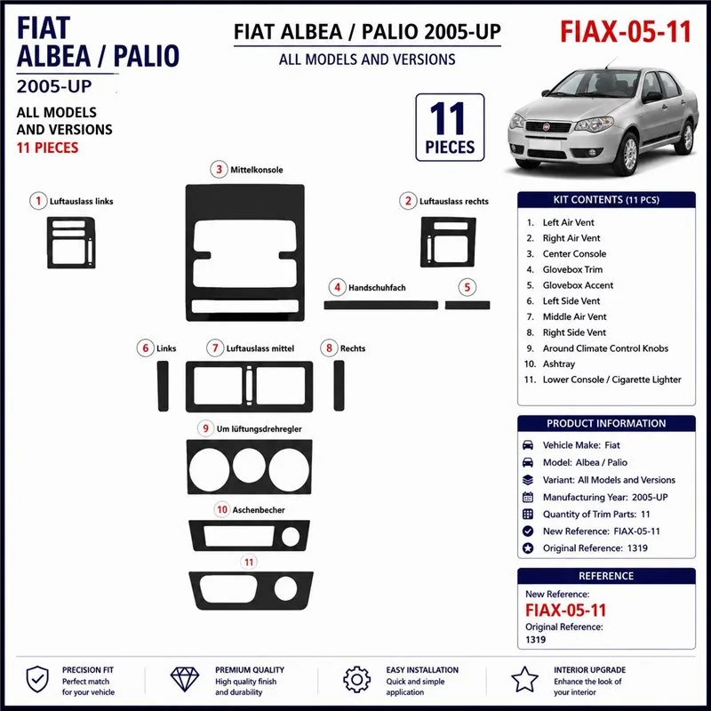 Fiat Albea 2005+ 3D dashboard trim kit, 11 parts