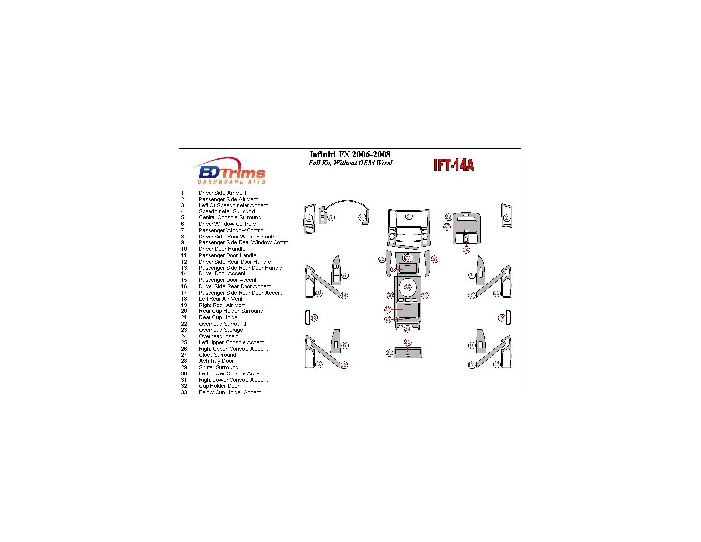 Infiniti FX 2006-2008 Without Fabric Wood Kit Interior BD Dash Trim Kit