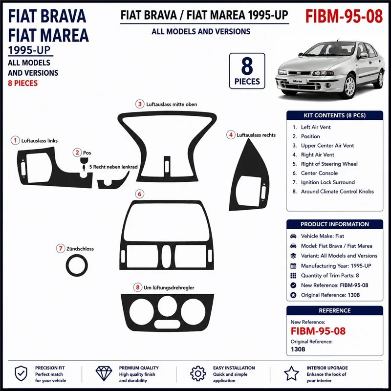 Fiat Brava-Marea 1995+ kit décor tableau de bord 3D, 8 pièces