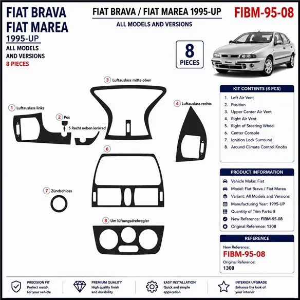 Fiat Brava-Marea 1995+ 3D Armaturenbrett-Dekor-Set, 8 Teile