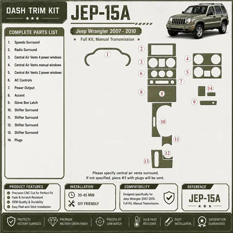 Jeep Wrangler 2007-2010 kit complet, boîte manuelle boîte kit décoration intérieure tableau de bord