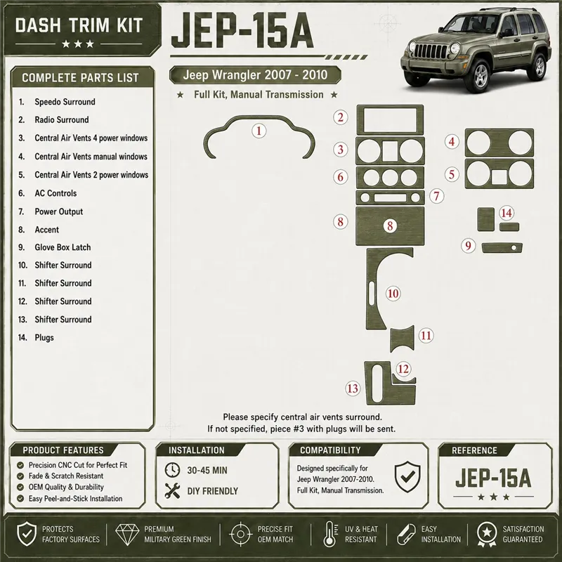 Jeep Wrangler 2007-2010 Full Set, Manual Gear Box interieur dashboard decoratieset dashboard decor