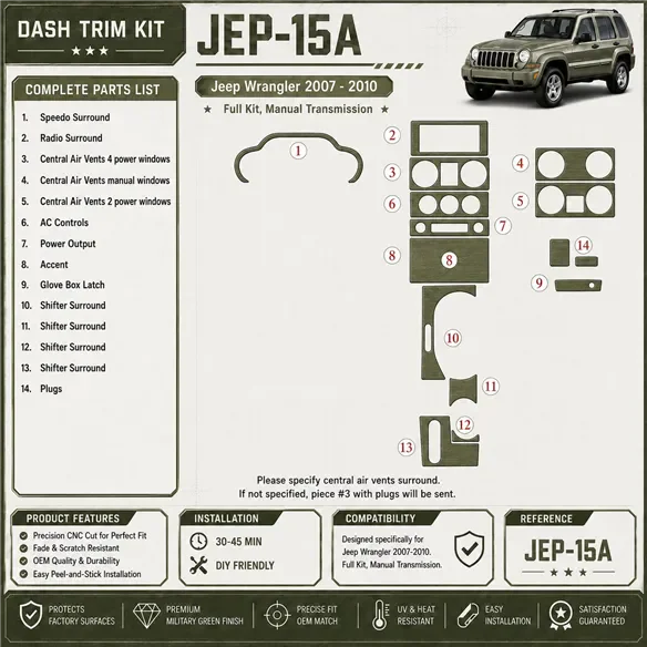 Jeep Wrangler 2007-2010 Full Set, Manual Gear Box Interior Dashboard Trim Kit Dash Trim Dekor