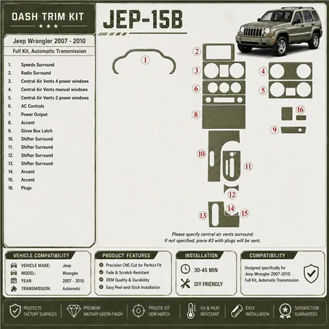 Jeep Wrangler 2007-2010 Full Set, Automatic Gear interieur dashboard decoratieset dashboard decor