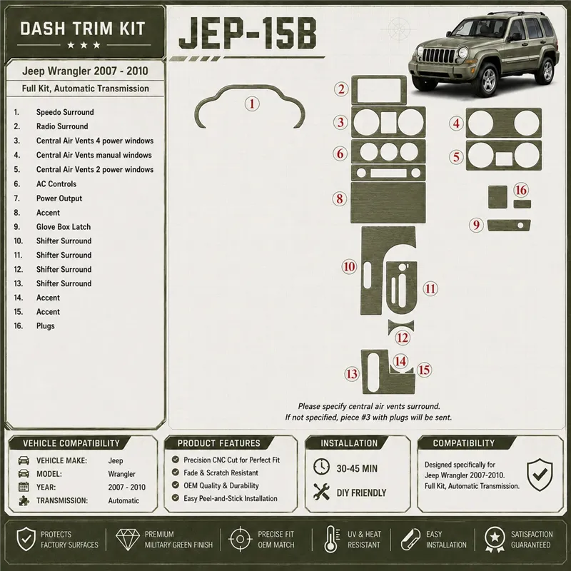 Jeep Wrangler 2007-2010 Full Set, Automatic Gear Interior Dashboard Trim Kit Dash Trim Dekor