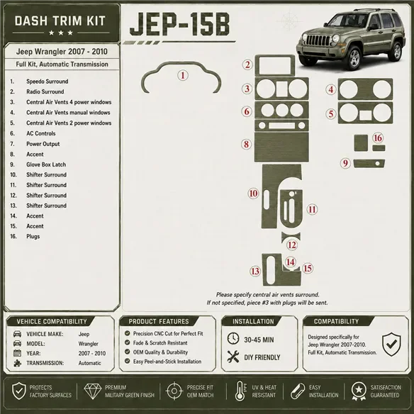 Jeep Wrangler 2007-2010 Full Set, Automatic Gear interieur dashboard decoratieset dashboard decor